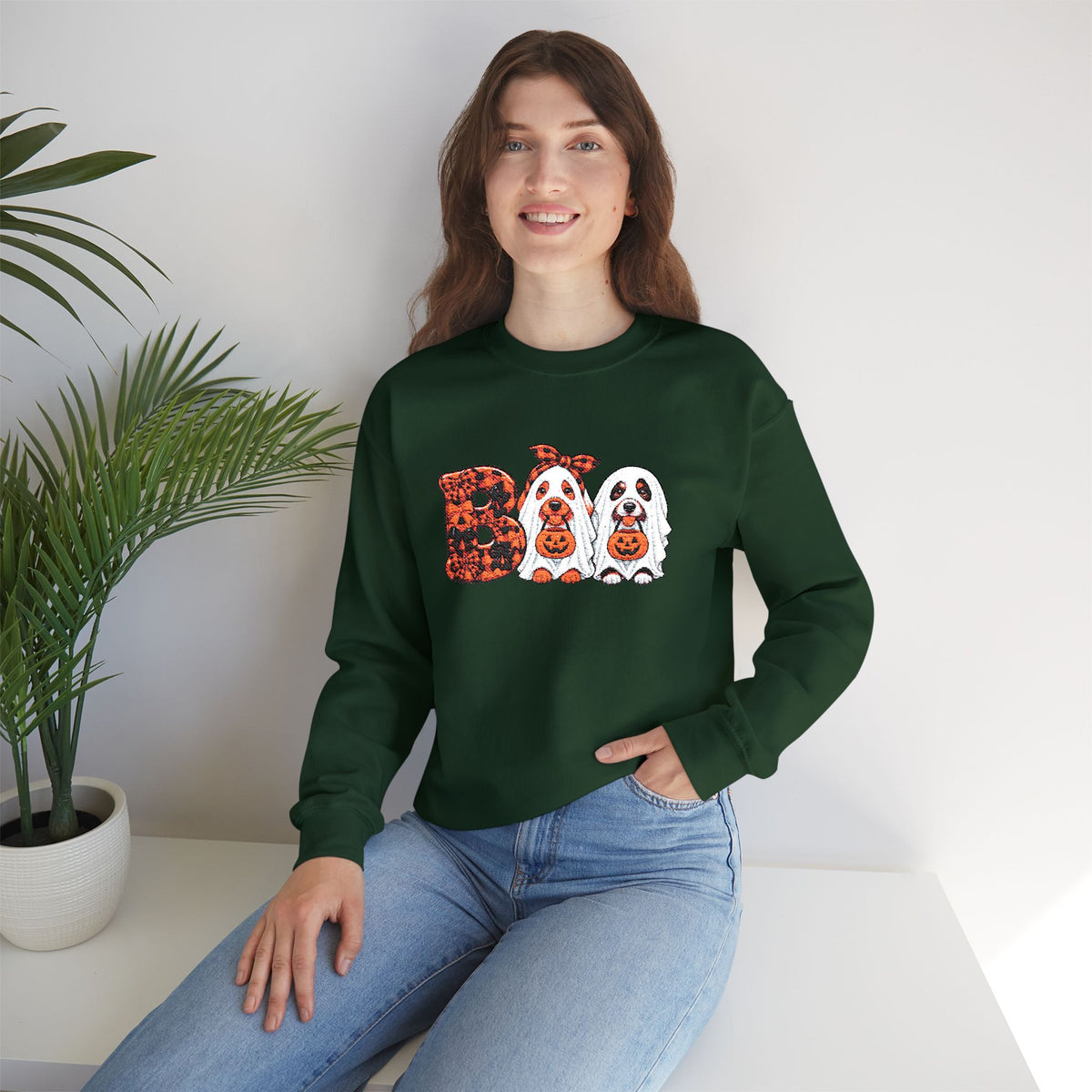 Dog Themed "BOO" Embroidered Crewneck Sweatshirt