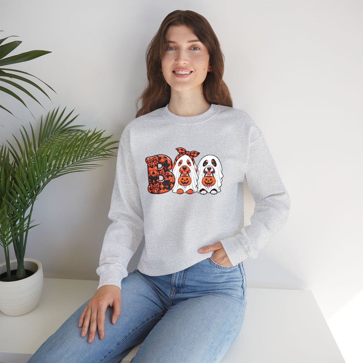 Dog Themed "BOO" Embroidered Crewneck Sweatshirt