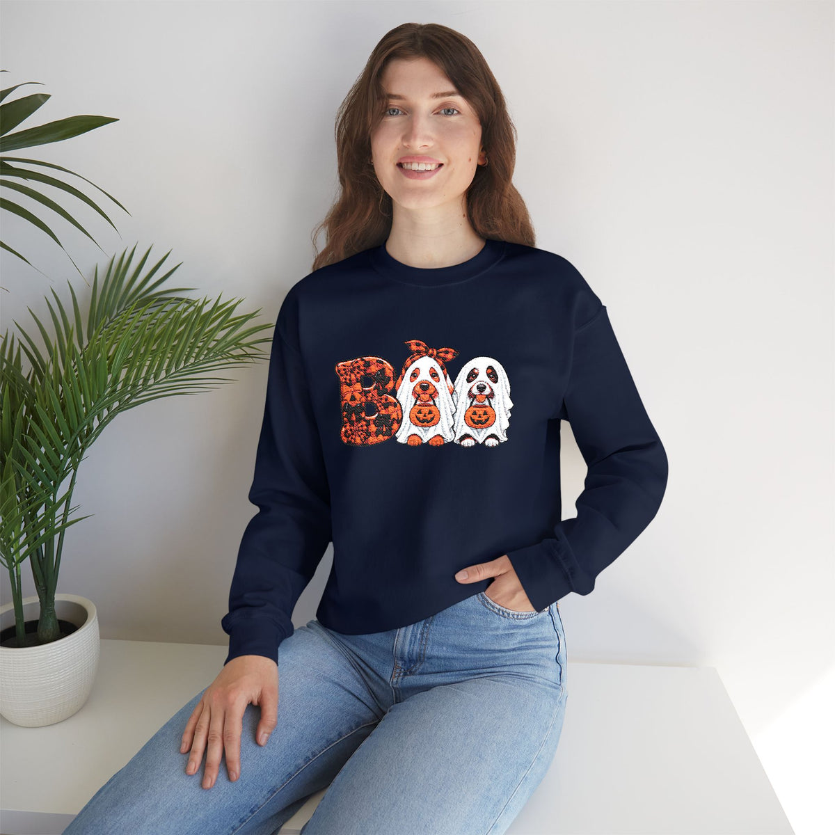 Dog Themed "BOO" Embroidered Crewneck Sweatshirt