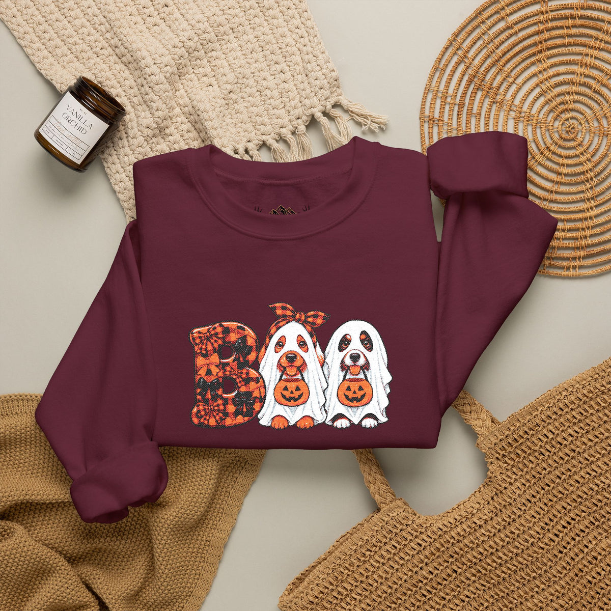 Dog Themed "BOO" Embroidered Crewneck Sweatshirt